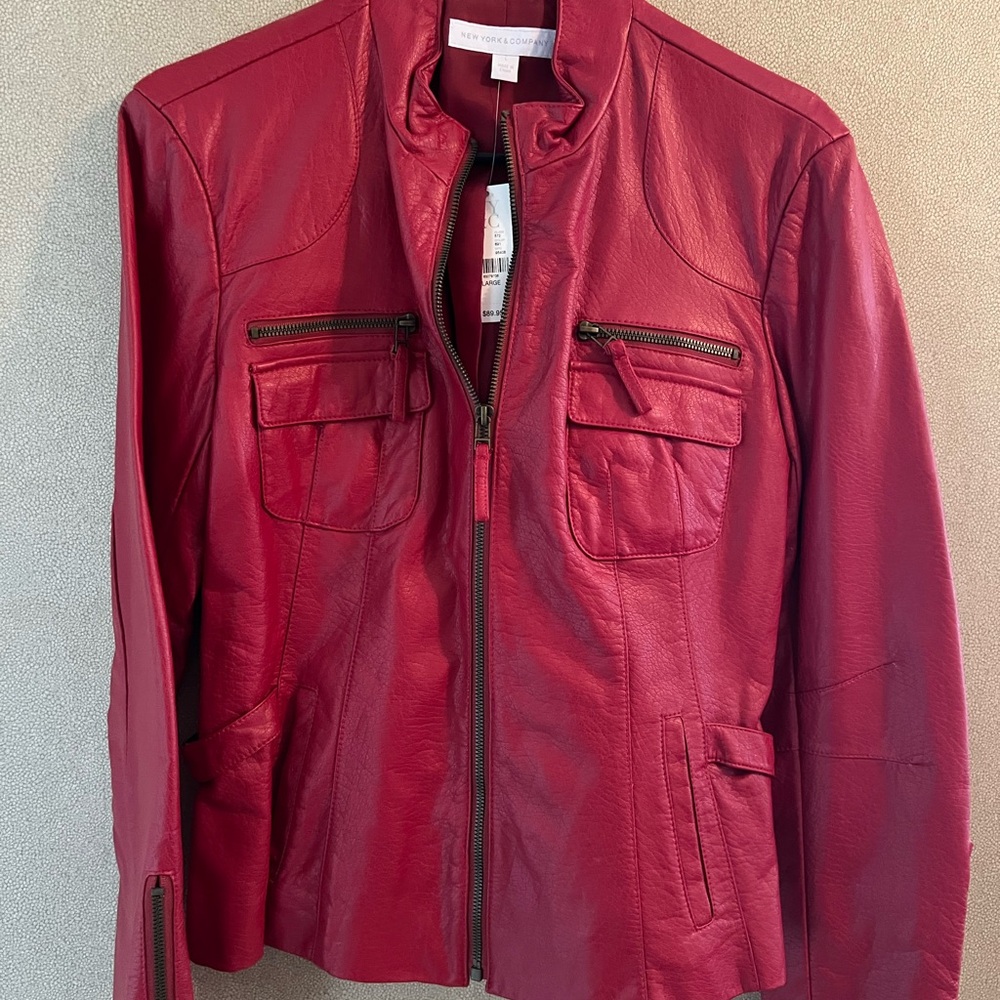 New York & Company Women's Deep Red Leather Zip Jacket